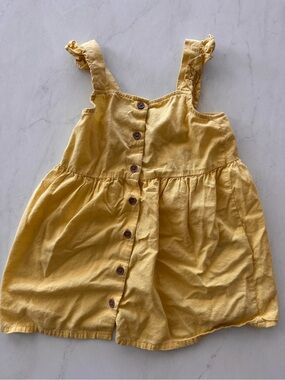 H&M Girls 2-3Y Yellow Cotton Overall Dress Square Neck Button Ruffle